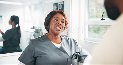 Buy stock photo Veterinarian, pet owner and woman in clinic, conversation and appointment with healthcare. People, professional and employee in animal shelter, discussion and advice with feedback, tips and support