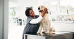 Black woman, vet or dog on table for consultation, medical service or pet care appointment for health exam. Support, smile or animal doctor with labrador for check up, wellness assessment or clinic