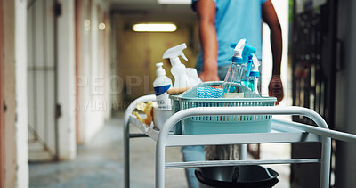 Buy stock photo Hands, person and cart with supplies for cleaning, corridor maintenance and workplace hygiene. Volunteer, trolley and equipment for hallway cleanliness, chemical detergent and sanitation of facility
