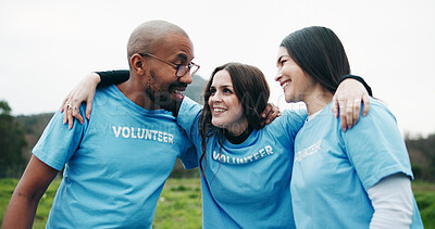 Buy stock photo People, volunteers and hug in nature with smile for environmental outreach, charity or NGO support. Happy team, solidarity or embrace outdoor for eco project, social responsibility or sustainability.
