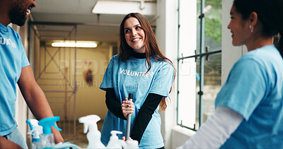 Buy stock photo Woman, volunteer and happy for cleaning, corridor maintenance and facility hygiene. Smile, people and hallway cleanliness with supplies, ngo outreach and sanitation project for social responsibility