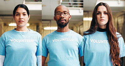 Buy stock photo Portrait, NGO and collage for community service, pride and support for recycling. Volunteering, people and serious with tshirt, earth day and sustainable project with confidence and environment