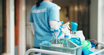 Buy stock photo Hands, person and volunteer with supplies for cleaning, corridor maintenance and workplace hygiene. Woman, trolley and equipment for hallway cleanliness, chemical detergent and sanitation of facility