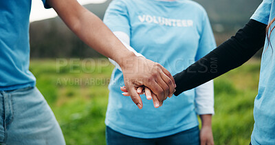 Buy stock photo Volunteer, people or hands together in nature with support for environmental outreach, charity or NGO. Team, huddle or collaboration for eco friendly project, social responsibility or sustainability.