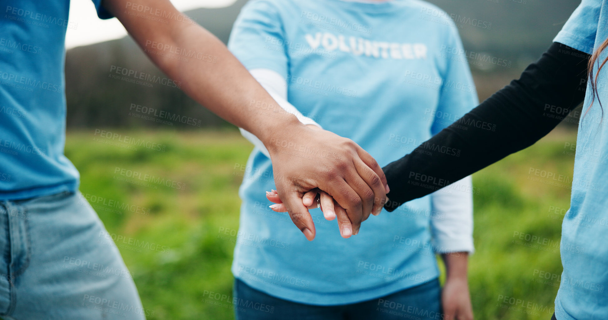 Buy stock photo Volunteer, people or hands together in nature with support for environmental outreach, charity or NGO. Team, huddle or collaboration for eco friendly project, social responsibility or sustainability.