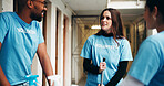 People, volunteer and talk for cleaning charity, corridor maintenance and workplace hygiene. Women, man and equipment for hallway cleanliness, ngo briefing and sanitation chat of social responsibility