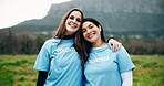 Portrait, volunteers and women outdoor with hug for environmental outreach, charity and NGO support. Happy team, people and embrace in nature for eco project, social responsibility or sustainability.