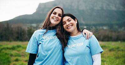 Buy stock photo Portrait, volunteers and women outdoor with hug for environmental outreach, charity and NGO support. Happy team, people and embrace in nature for eco project, social responsibility or sustainability.