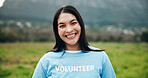 Portrait, volunteer and woman outdoor with community service, pride and support for recycling. NGO, person and girl with tshirt, earth day and humanitarian project with confidence and environment