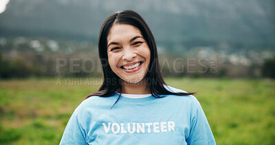 Buy stock photo Portrait, volunteer and woman outdoor with community service, pride and support for recycling. NGO, person and girl with tshirt, earth day and humanitarian project with confidence and environment