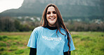 Portrait, NGO and woman outdoor with community service, pride and support for recycling. Volunteer, person and girl with tshirt, earth day and humanitarian project with confidence and environment
