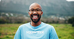 Portrait, volunteer or man in nature with smile for environmental outreach, charity or sustainability. Space, happy and black person with pride for eco friendly project, social responsibility or ngo.