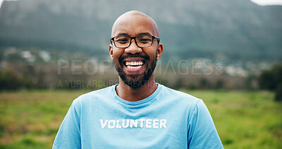 Buy stock photo Portrait, volunteer or man in nature with smile for environmental outreach, charity or sustainability. Space, happy and black person with pride for eco friendly project, social responsibility or ngo.