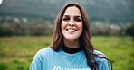 Portrait, volunteer or woman in nature with smile for environmental outreach, charity or sustainability. Space, happy person and outdoor with pride for eco project, social responsibility or ngo help.