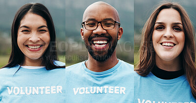 Buy stock photo Portrait, volunteering and collage for community service, pride and support for recycling. NGO, people and smile with tshirt, earth day and humanitarian project with confidence and clean environment
