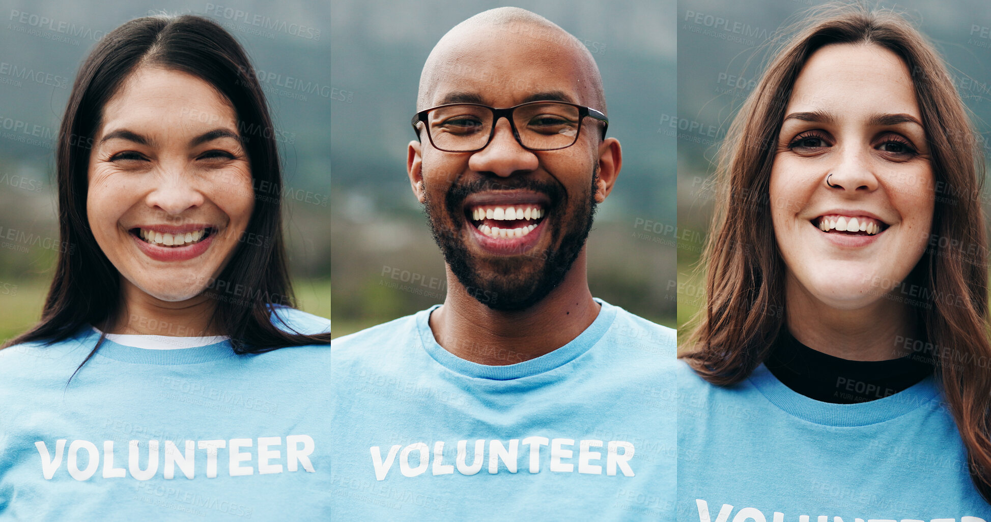 Buy stock photo Portrait, volunteering and collage for community service, pride and support for recycling. NGO, people and smile with tshirt, earth day and humanitarian project with confidence and clean environment