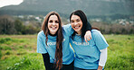 Portrait, volunteers and women in nature with hug for environmental outreach, charity and NGO support. Happy team, people and embrace outdoor for eco project, social responsibility or sustainability.