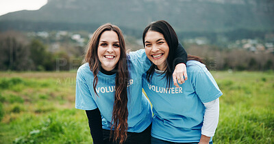 Buy stock photo Portrait, volunteers and women in nature with hug for environmental outreach, charity and NGO support. Happy team, people and embrace outdoor for eco project, social responsibility or sustainability.