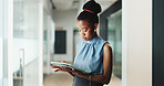 Tablet, professional and black woman in office with research for finance report for budget plan. Digital technology, reading and African female financial manager with email for investment proposal.