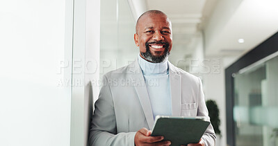 Buy stock photo Business, tablet and portrait of black man with tablet for finance report, investor and career. Professional, corporate and happy person on tech for financial job, investment consultant and confident