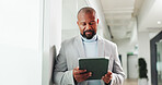 Tablet, professional and black man in office with research for finance report for budget plan. Digital technology, reading and African male financial manager with email for investment proposal.