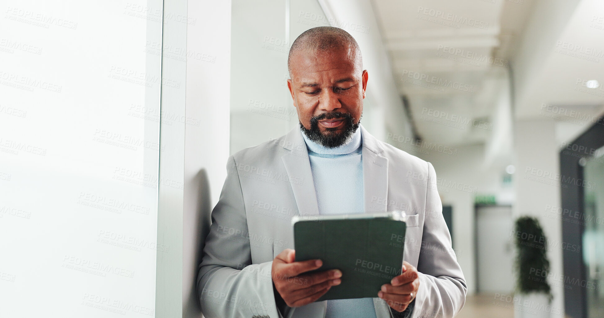 Buy stock photo Tablet, professional and black man in office with research for finance report for budget plan. Digital technology, reading and African male financial manager with email for investment proposal.