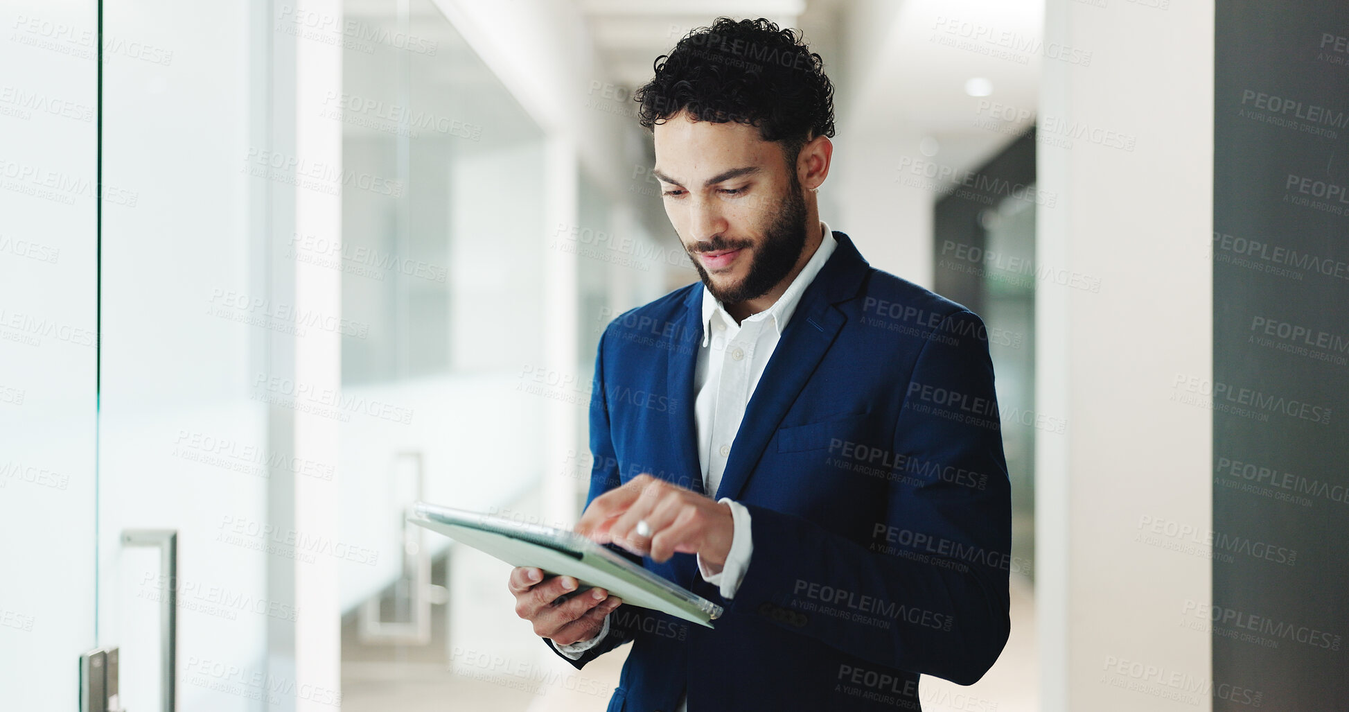 Buy stock photo Online, research and man with tablet, office or financial analysis for funding opportunity and info. Scroll, app and person with tech for business development, investment banker and project on web