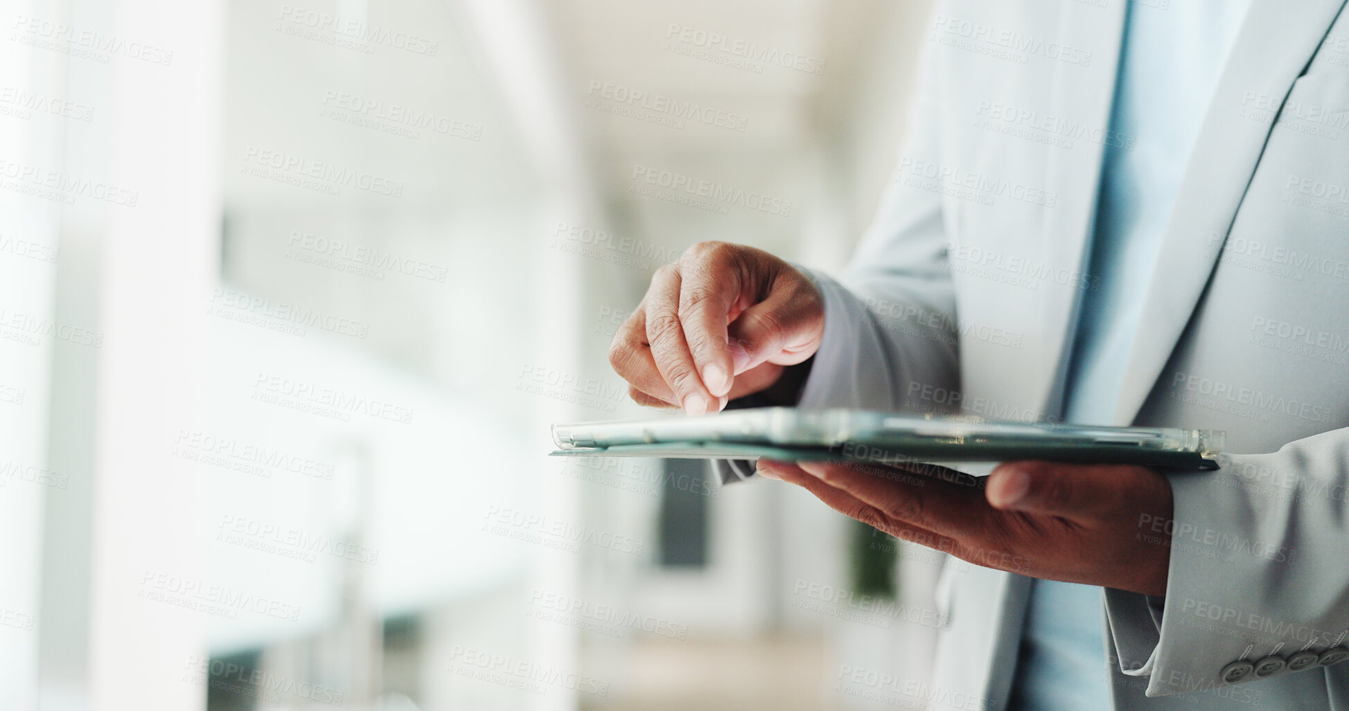 Buy stock photo Tablet, hands and businessman in office with research for finance report for budget plan. Digital technology, scrolling and male financial manager with email for investment proposal in workplace.