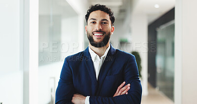 Buy stock photo Portrait, businessman and happy with arms crossed, office and confident for career growth in finance. Corporate, employee and person with smile for business development or financial analyst in USA