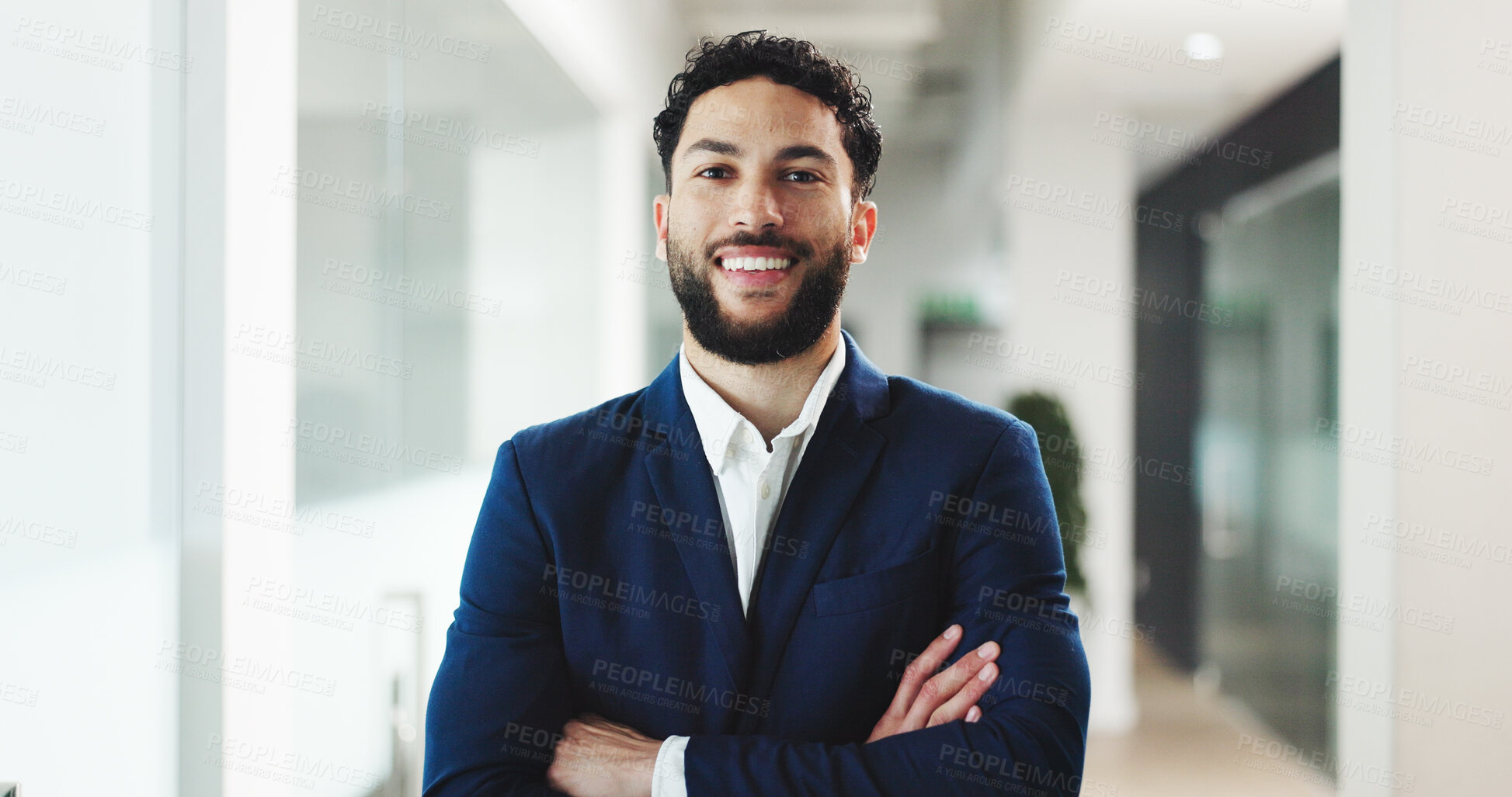 Buy stock photo Portrait, businessman and happy with arms crossed, office and confident for career growth in finance. Corporate, employee and person with smile for business development or financial analyst in USA