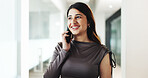 Smile, business and woman with phone call in office for consultation, real estate and contact client. Happy, female relator and mobile for discussion, property negotiation and buyer housing inquiry