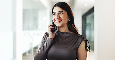 Buy stock photo Smile, business and woman with phone call in office for consultation, real estate and contact client. Happy, female relator and mobile for discussion, property negotiation and buyer housing inquiry