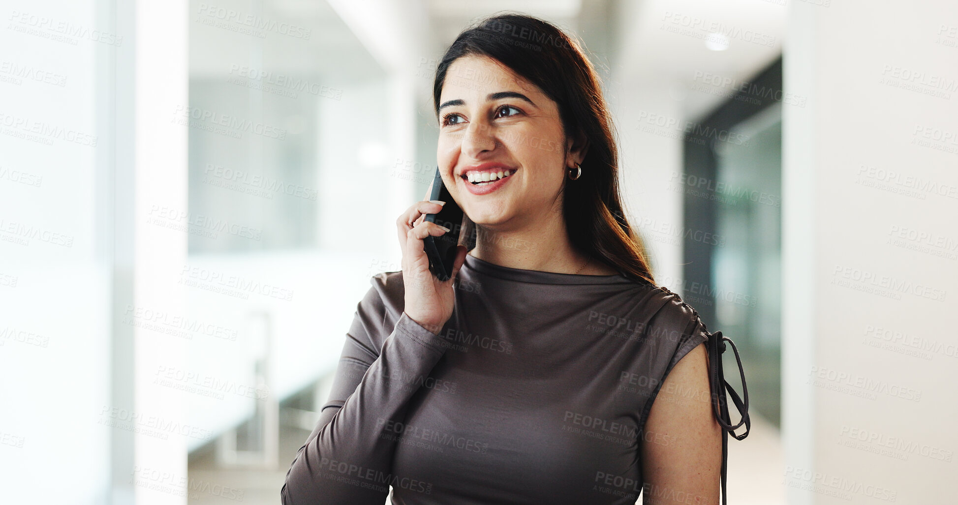 Buy stock photo Smile, business and woman with phone call in office for consultation, real estate and contact client. Happy, female relator and mobile for discussion, property negotiation and buyer housing inquiry