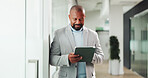 Tablet, happy and black man in office with research for finance report for budget plan. Digital technology, reading and African male financial manager with email for investment proposal in workplace.