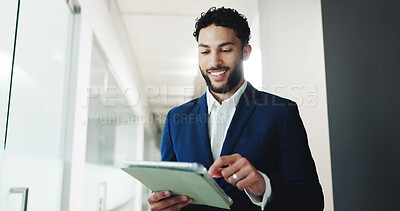 Buy stock photo Business, happy and man on tablet in office for finance report, investment research and website. Professional, corporate and person on digital tech for financial review, online proposal and internet