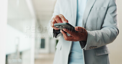 Buy stock photo Hands, phone and businessman in office for email, communication or contact for finance deal. Technology, typing and male financial manager with cellphone for investment proposal on app in workplace.