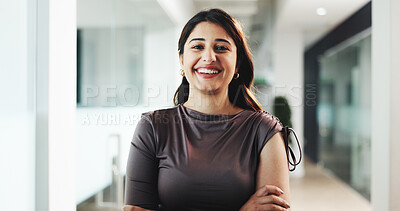 Buy stock photo Portrait, business and woman with arms crossed in office for career pride, about us and real estate. Happy, female realtor and ambition for property development, housing consultant and opportunity