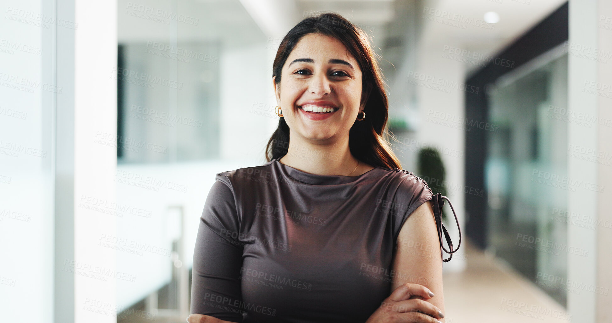 Buy stock photo Portrait, business and woman with arms crossed in office for career pride, about us and real estate. Happy, female realtor and ambition for property development, housing consultant and opportunity