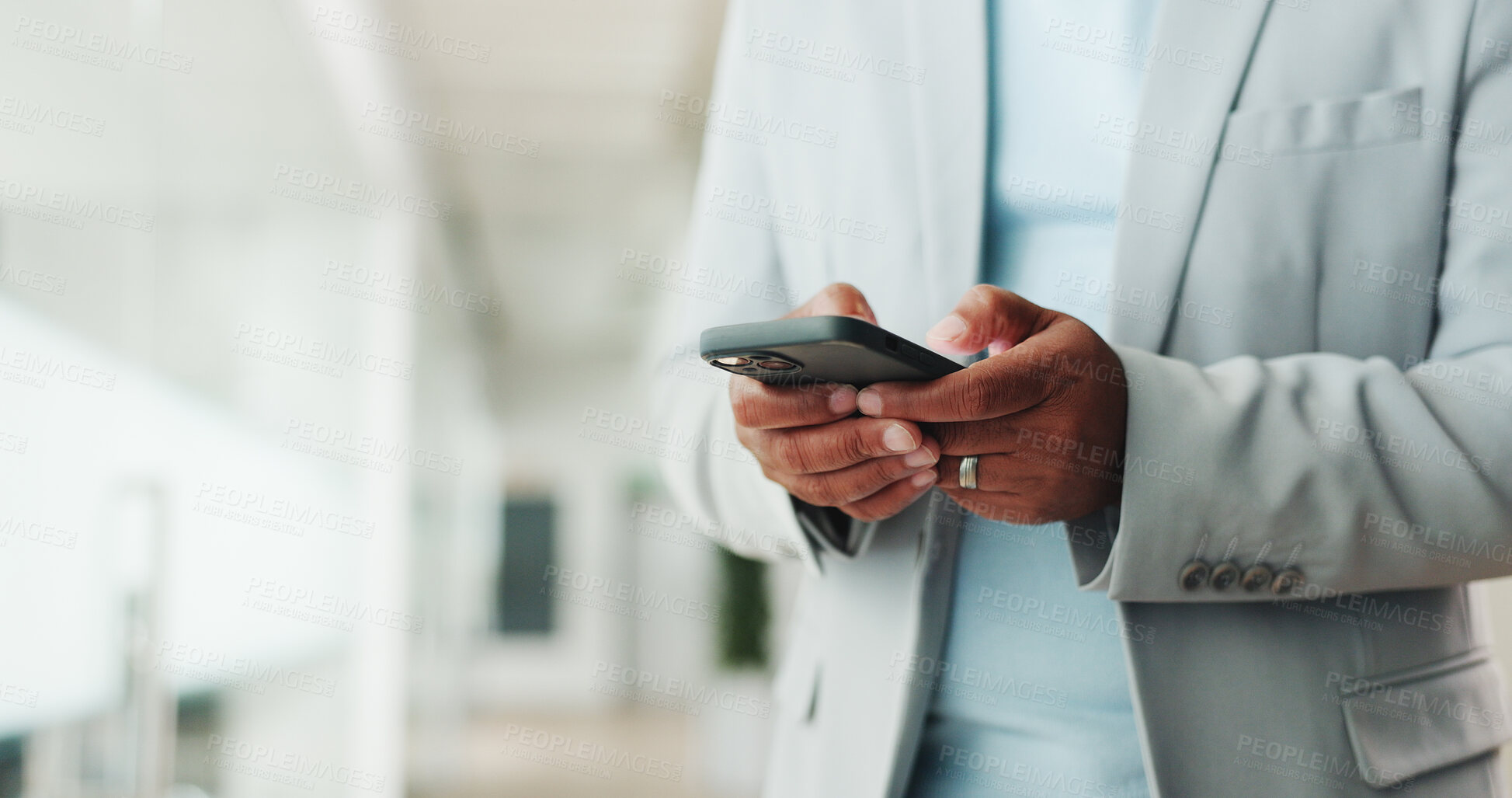 Buy stock photo Hands, cellphone and businessman in office for email, communication or contact for finance deal. Technology, typing and male financial manager with phone for investment proposal on app in workplace.