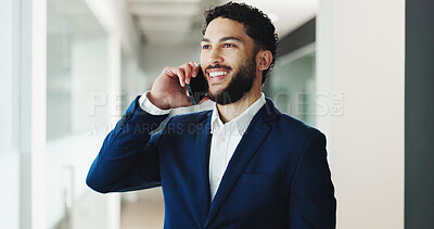 Buy stock photo Happy, business and man with phone call in office for consultation, real estate and contact client. Smile, male relator and mobile for discussion, property negotiation and buyer inquiry with proposal