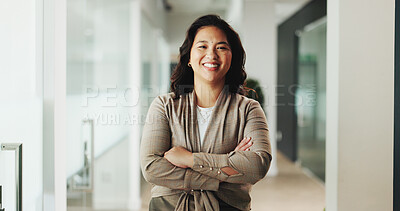 Buy stock photo Portrait, happy and businesswoman with arms crossed, hallway or reporter with career growth or media. Journalism, pride and smile for opportunity in newsroom, creative and magazine editor in Japan