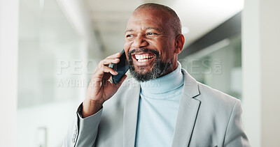 Buy stock photo Phone call, smile and businessman in office with communication for client feedback on finance report. Happy, cellphone and African financial manager on mobile discussion for investment negotiation.
