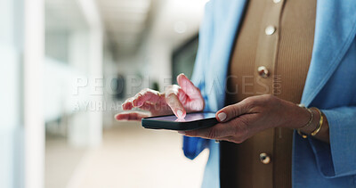 Buy stock photo Employee, scroll and hands with smartphone, office and financial analysis on web, research and info. Browsing, app and person with mobile for business growth, project and investment banker with tech