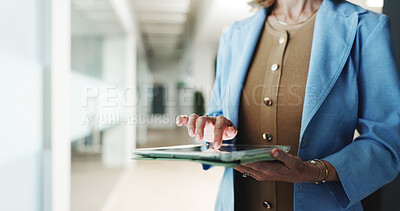 Buy stock photo Scroll, app and hands with tablet, office and financial analysis for project, employee and research. Browsing, online and person with info for business growth, space and investment banker with tech