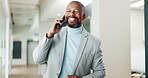 Phone call, happy and businessman in office with contact for client feedback on finance report. Smile, cellphone and African financial manager on mobile discussion for investment negotiation.