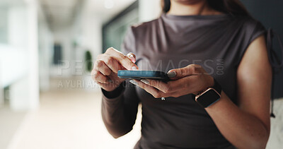 Buy stock photo Scroll, research and hands with smartphone, office and financial analysis on web, employee and info. Browsing, app and person with mobile for business growth, project and investment banker with tech