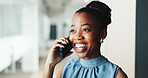 Smile, business and black woman with phone call in office for consultation, real estate and contact client. Happy, relator and mobile for discussion, property negotiation and buyer inquiry with offer