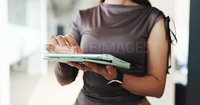 Buy stock photo Hands, scroll and project with tablet, office and research for brand awareness on website or online. Business, person and schedule post on social media, digital marketing and ad campaign with tech