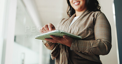 Buy stock photo Hands, scroll and woman with tablet, office and research for brand awareness on social media or web. Digital marketing, person and schedule post on app, low angle and campaign with tech in business