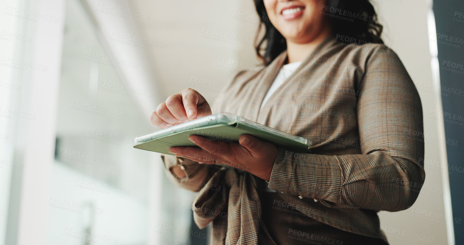 Buy stock photo Hands, scroll and woman with tablet, office and research for brand awareness on social media or web. Digital marketing, person and schedule post on app, low angle and campaign with tech in business